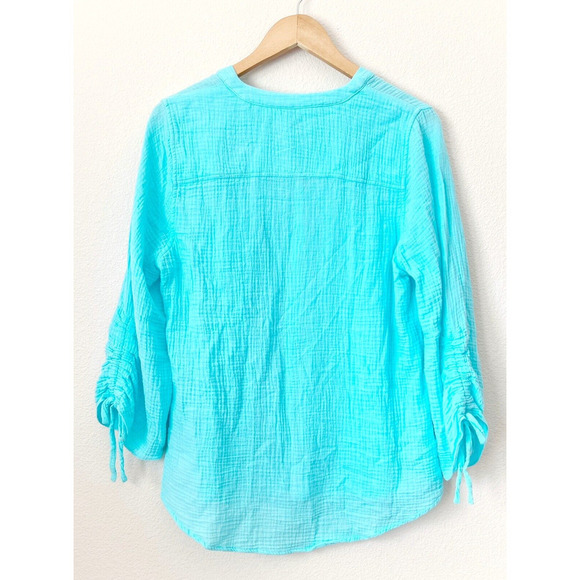 Foxcroft Womens Size Medium Textured Cotton Button Front Aqua Ruched Sleeve Blue - Picture 2 of 6